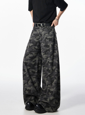 悟空有货美式复古迷彩工装牛仔裤男潮牌嘻哈高街hiphop直筒阔腿裤