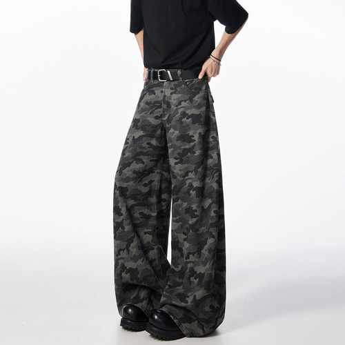 美式复古迷彩工装直筒阔腿牛仔裤