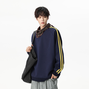 悟空有货潮牌秋季 条纹圆领卫衣男女复古街头宽松情侣休闲打底上衣