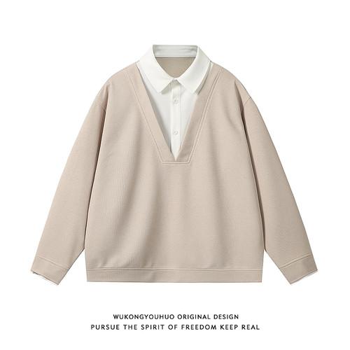 秋季复古假两件长袖POLO衫卫衣