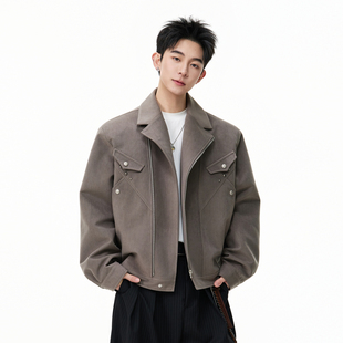 悟空有货美式 复古铆钉斜拉链麂皮绒夹克男女潮牌宽松小众情侣外套