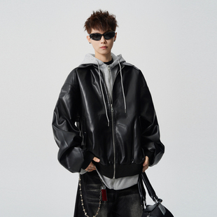 悟空有货潮牌美式 复古PU皮衣夹克男女街头宽松假两件百搭机车外套