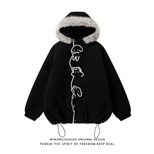 悟空有货美式 复古小狗刺绣毛领连帽棉衣男女潮牌情侣宽松保暖棉服