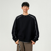 悟空有货复古辑明线铆钉圆领卫衣男秋季 潮牌宽松情侣百搭套头上衣