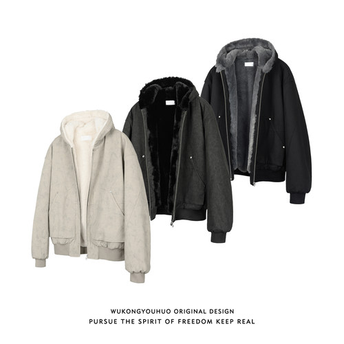 美式仿貂毛大理石座山雕连帽棉服