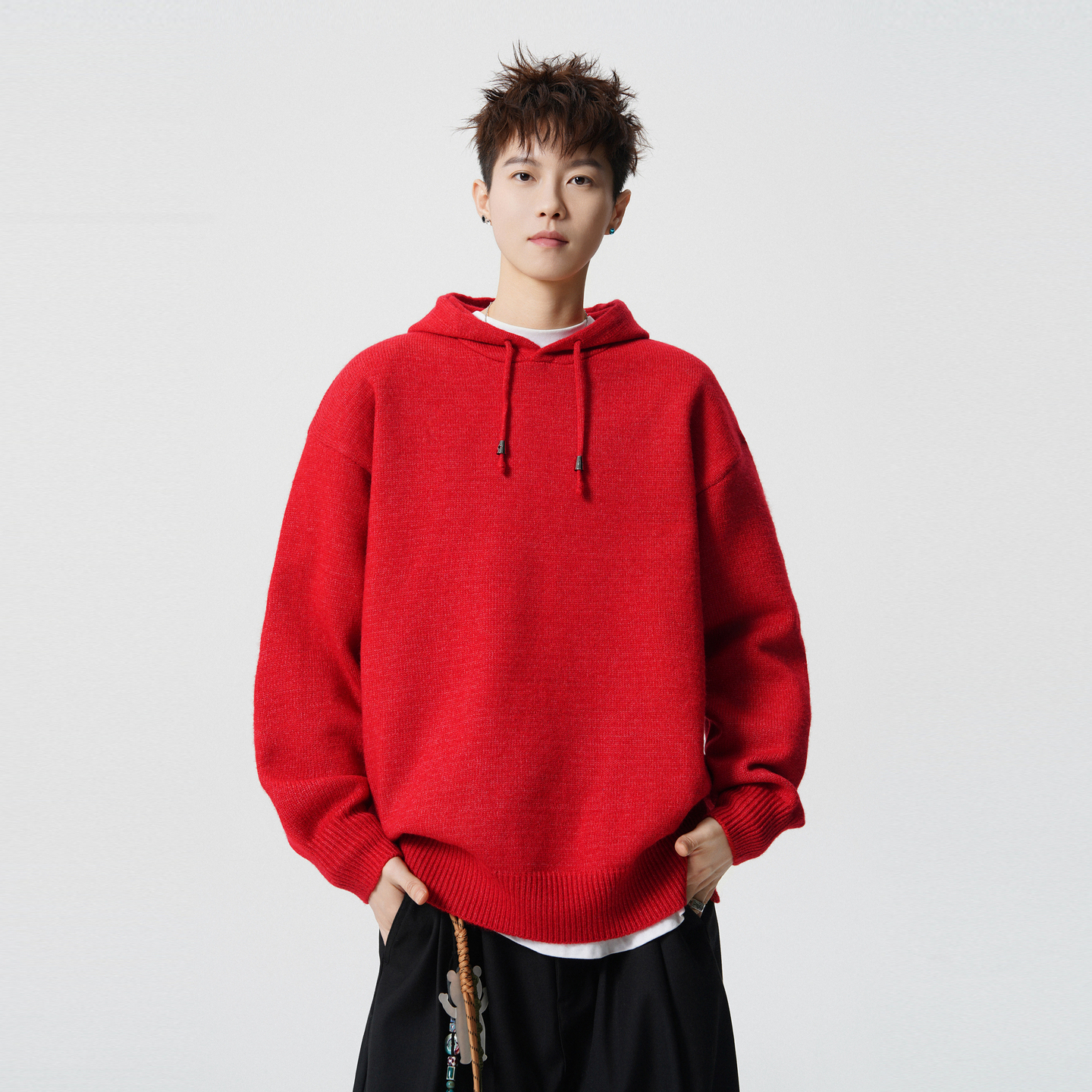 潮牌复古慵懒风红色连帽针织衫男