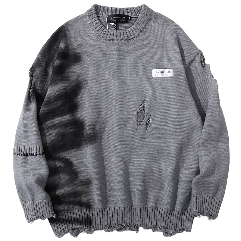 GOKU IS  AUTUMN AND WINTER LANGUID STYLE HAND-PAINTED GRAFFITI RIPPED SWEATER MENS TRENDY BRAND STREET BF LOOSE PULLOVER SWEATER