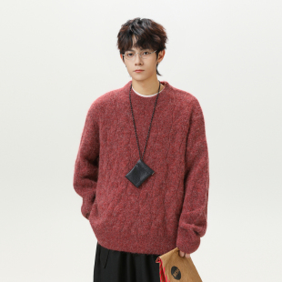 悟空有货马海毛肌理感圆领毛衣男女秋季 宽松情侣休闲百搭针织上衣