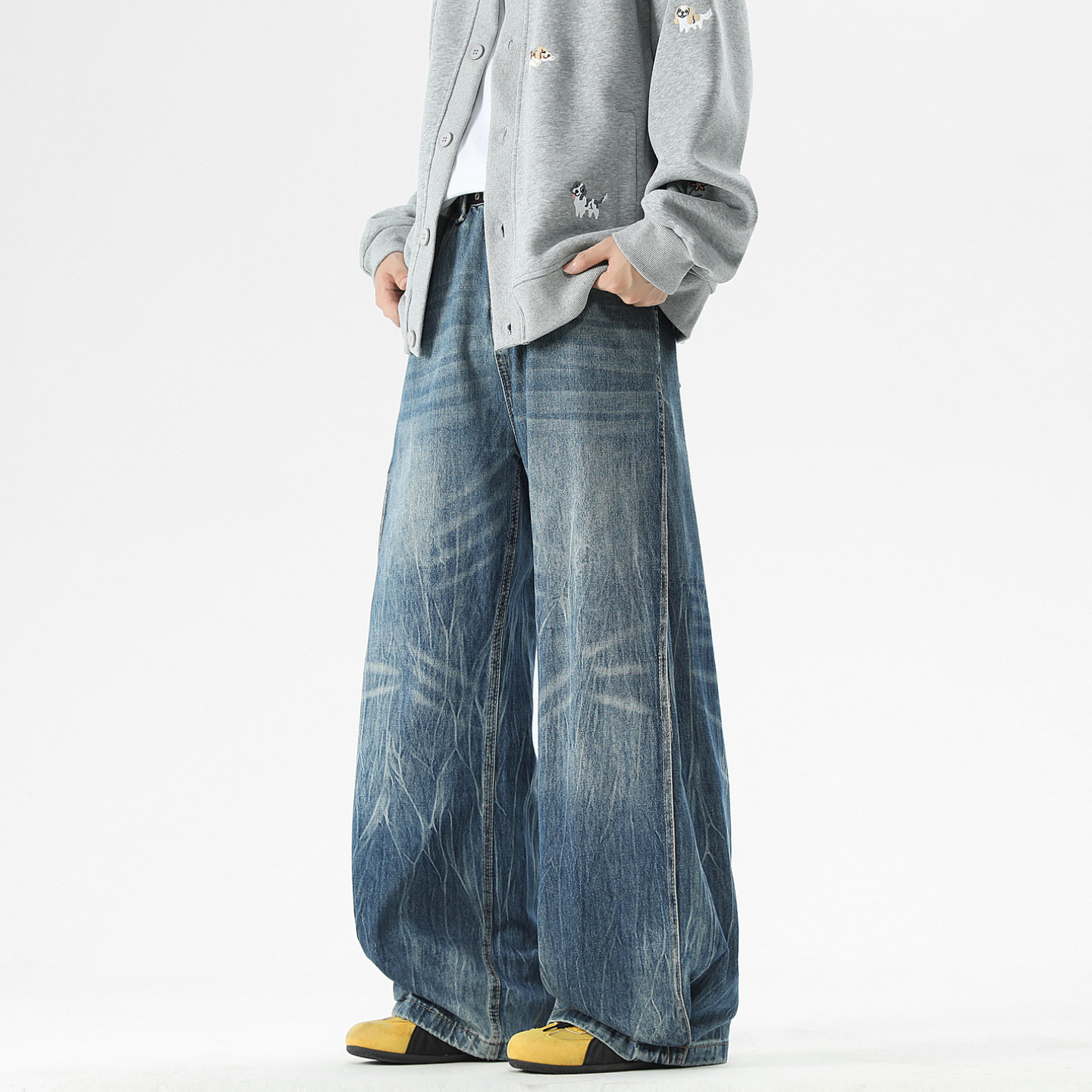 悟空有货潮牌美式水洗做旧弯刀牛仔裤男复古宽松潮流百搭阔腿长裤,男装,牛仔裤,淘宝优惠券,粉丝福利购,淘宝优惠卷