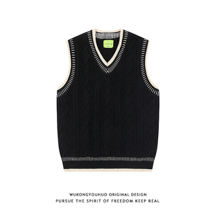 悟空有货手缝线撞色粗麻花V领针织背心男秋季韩系学院风叠穿马甲