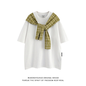 悟空有货小众设计格子披肩假两件T恤男潮牌宽松休闲cleanfit短袖