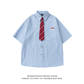 男女潮牌情侣宽松百搭半袖 衬衫 衬衣 复古条纹领带短袖 悟空有货夏季