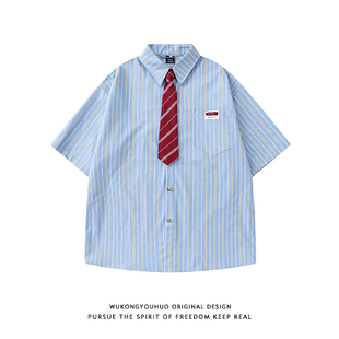 悟空有货夏季复古条纹领带短袖衬衫男女潮牌情侣宽松百搭半袖衬衣