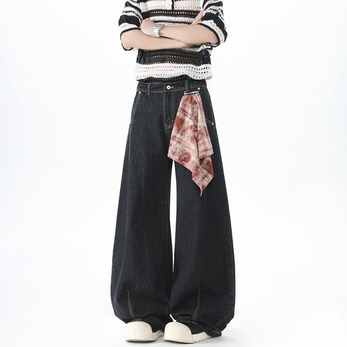 美式复古格子方巾丹宁弯刀牛仔裤