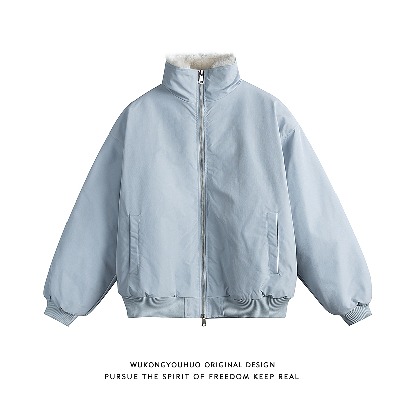 冬季潮牌仿兔毛绒加厚立领棉服男