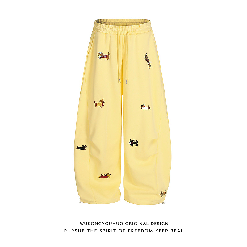 美式趣味小狗刺绣阔腿弯刀卫裤