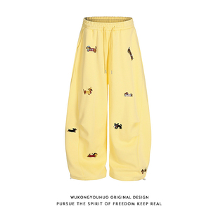 男潮牌宽松百搭休闲裤 悟空有货美式 重磅趣味小狗刺绣阔腿弯刀卫裤