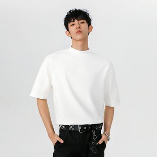 悟空有货夏季半高领纯色基础重磅短袖T恤男女cleanfit小圆领上衣