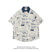 慵懒卡通休闲衬衣 男夏季 悟空有货ins原宿风潮牌猫咪涂鸦短袖 衬衫