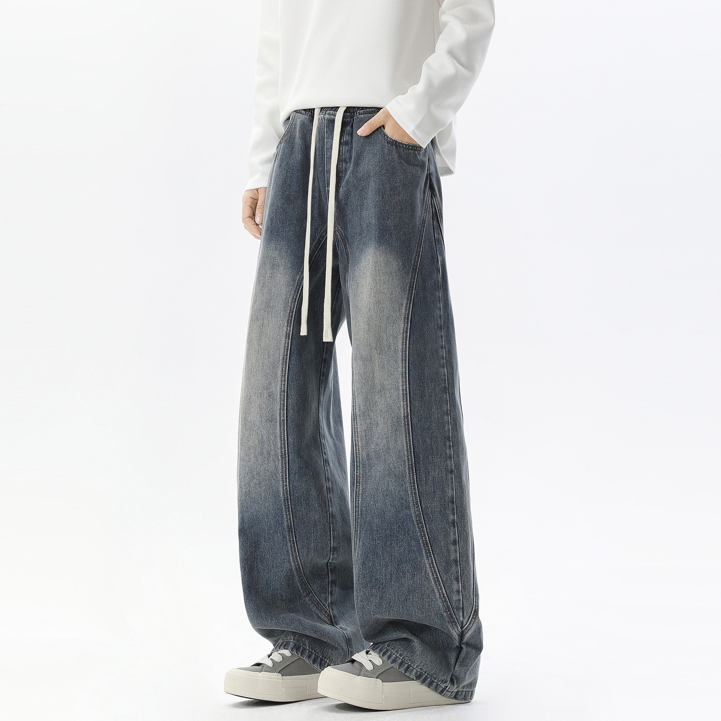 悟空有货美式复古解拼接水洗直筒牛仔裤男宽松潮流百搭阔腿休闲裤,男装,牛仔裤,淘宝优惠券,粉丝福利购,淘宝优惠卷