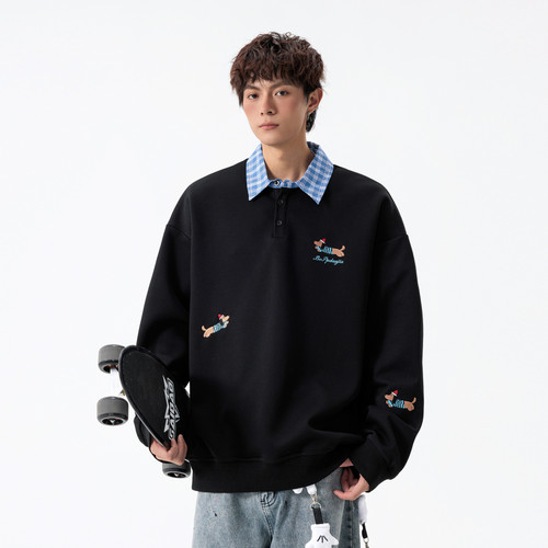 潮牌美式刺绣撞色POLO领卫衣男