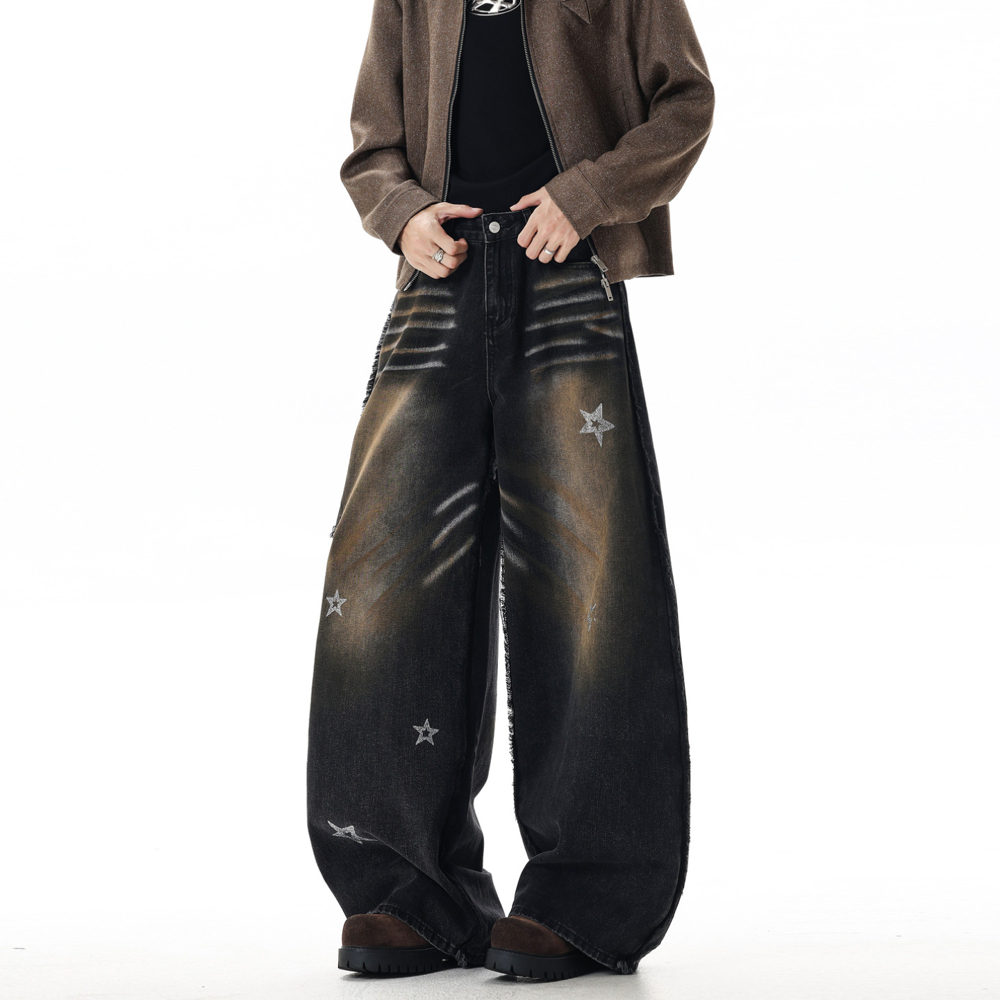 悟空有货美式高街星星贴布毛边直筒牛仔裤男复古宽松小众阔腿长裤