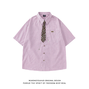 宽松情侣休闲百搭衬衣 男女夏季 悟空有货潮牌格子粉色领带短袖 衬衫