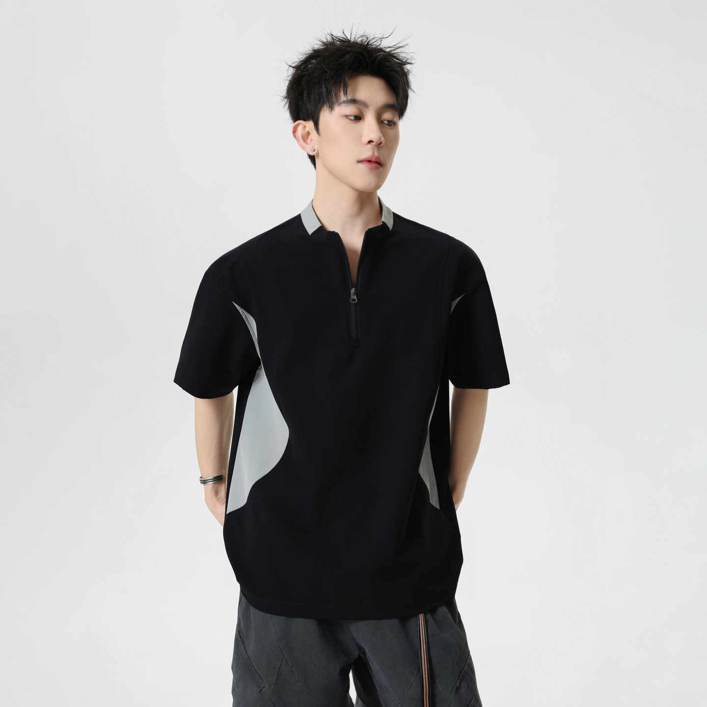 悟空有货夏季潮牌撞色拼接半拉链短袖T恤男美式情侣宽松半袖体恤