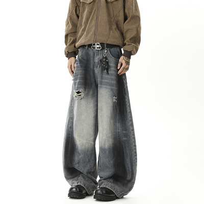 美式街头破洞宽松廓形弯刀牛仔裤