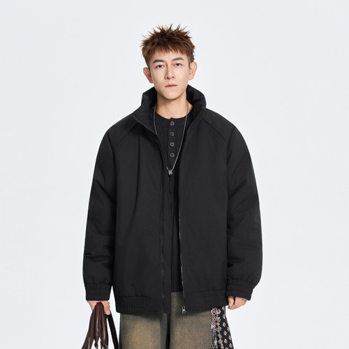 潮牌冬季简约拼接加厚立领棉服