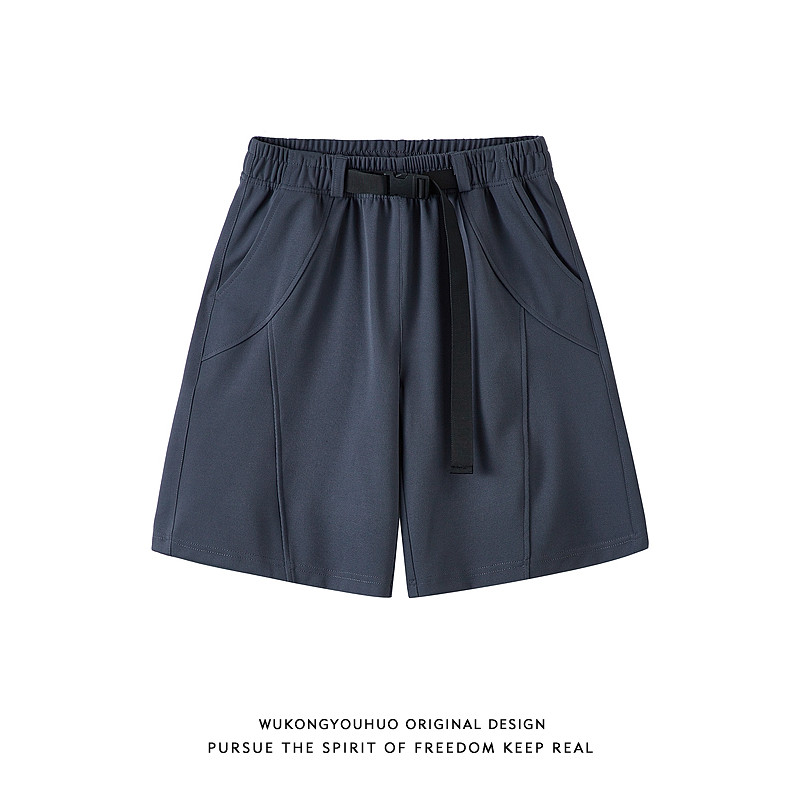 悟空有货潮牌纯色腰带松紧直筒运动五分裤男夏季宽松百搭休闲短裤