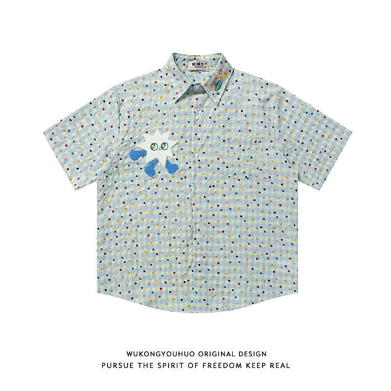 悟空有货夏季潮牌斑点格子短袖衬衫男女2026美式宽松情侣休闲衬衣