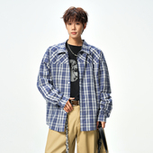 男女潮牌街头宽松情侣长袖 悟空有货春季 复古拼色格子衬衫 衬衣外套