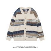 悟空有货复古慵懒风条纹开衫 外套男女潮牌宽松情侣情侣毛衣 针织衫