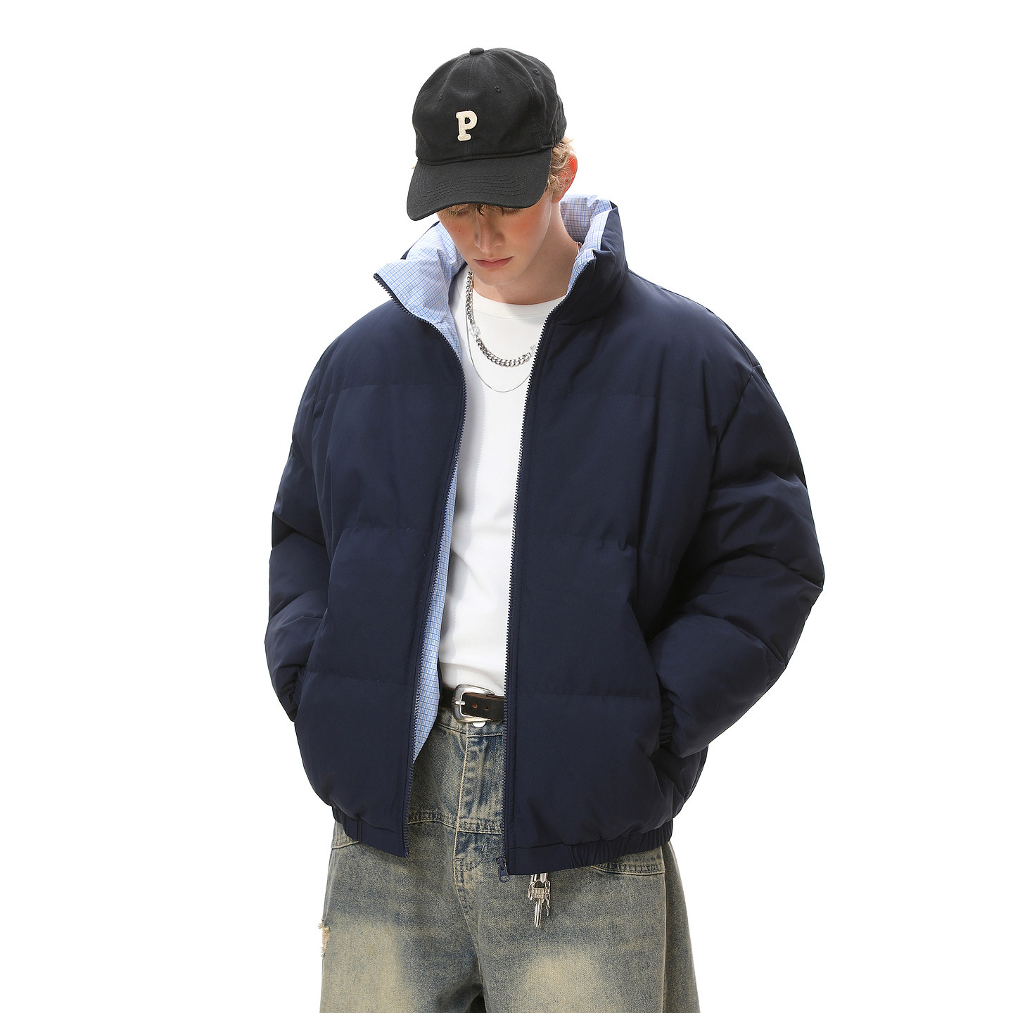 冬季潮牌格子加厚立领棉衣男