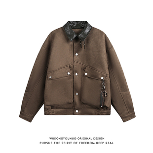 悟空有货美式 复古麂皮撞色翻领夹克男女潮牌cleanfit宽松百搭外套
