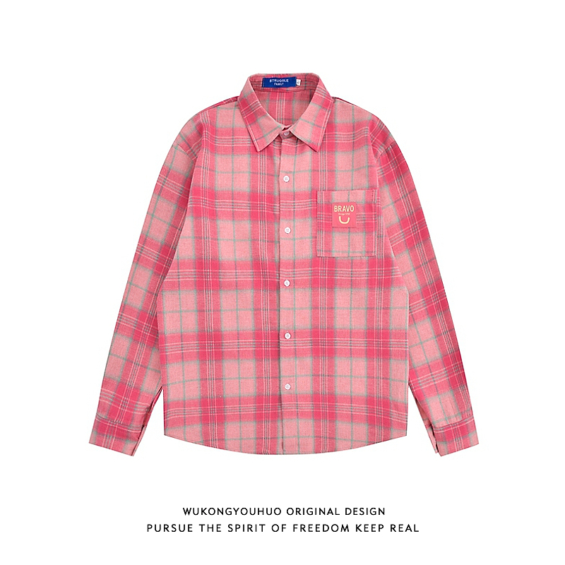 潮牌秋季粉色格子长袖衬衫男女