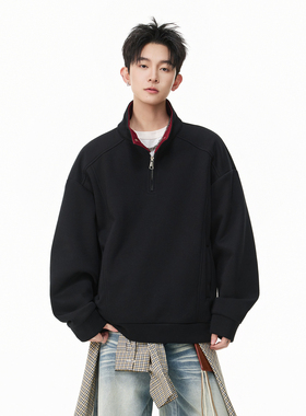 悟空有货美式cleanfit撞色立领半拉链卫衣男春季情侣宽松套头上衣