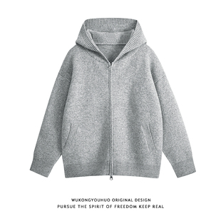 连帽毛衣男女老钱风情侣休闲针织衫 悟空有货美式 复古纯色拉链开衫