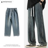 男街头宽松潮流做旧水洗阔腿长裤 悟空有货潮牌美式 复古抽绳牛仔裤