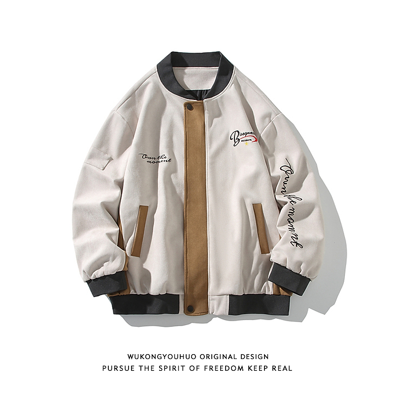 悟空有货美式空气层拼接撞色棒球服外套男潮牌刺绣短款飞行员夹克