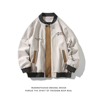 悟空有货美式空气层拼接撞色棒球服外套男潮牌刺绣短款飞行员夹克