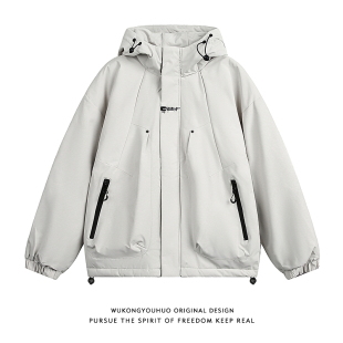 悟空有货冬季 棉服连帽冲锋衣男潮牌情侣加厚保暖百搭棉衣 复古工装