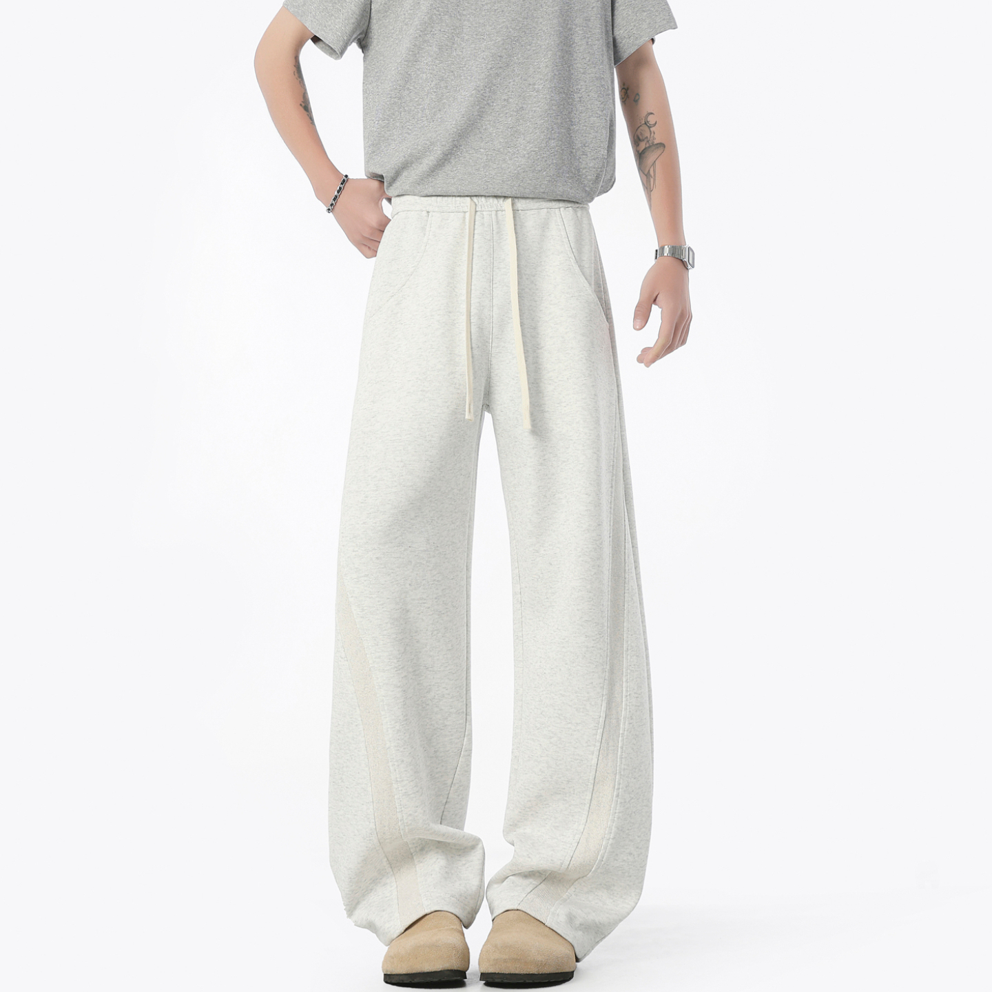 潮牌解构拼接直筒垂感休闲裤男