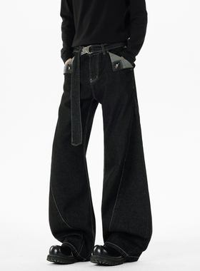 悟空有货潮牌美式解构飘带弯刀牛仔裤男复古宽松cleanfit阔腿长裤