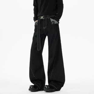 男复古宽松cleanfit阔腿长裤 悟空有货潮牌美式 解构飘带弯刀牛仔裤