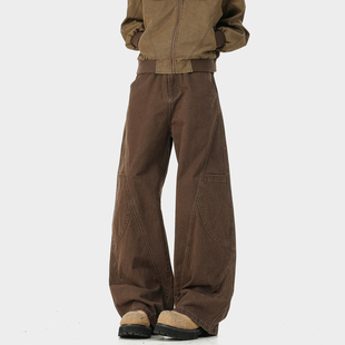 悟空有货潮牌美式拼接纯棉水洗弯刀工装裤男复古宽松阔腿休闲长裤