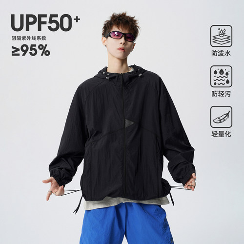 夏季抽绳网孔拼接连帽防晒服男