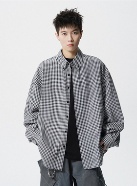 悟空有货秋季宽松慵懒风格子长袖衬衫男cleanfit休闲百搭衬衣外套