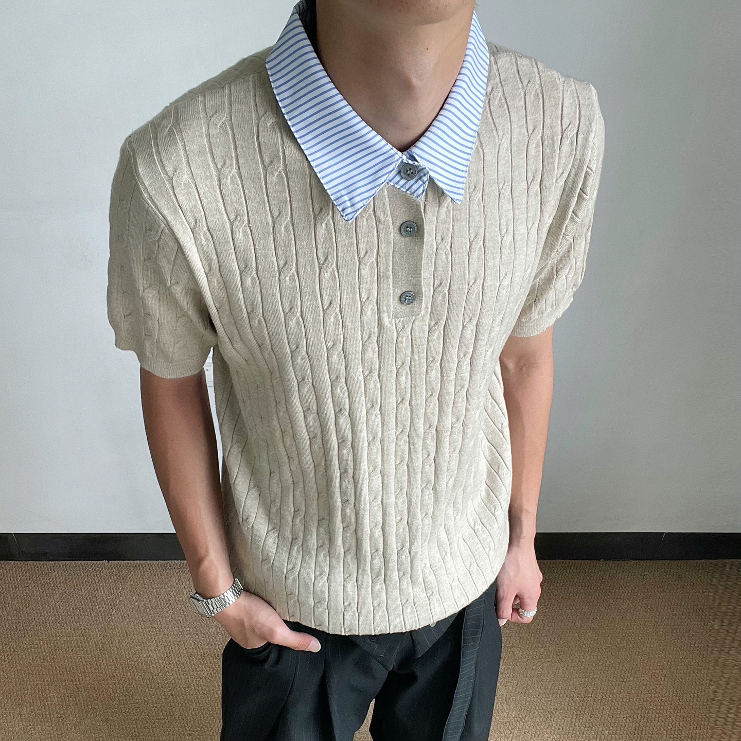 悟空有货夏季麻花撞色针织短袖POLO衫男女夏季高智感休闲百搭体恤